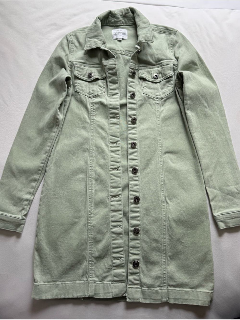 Long Light Sage Denim Jacket Dress with Button Front